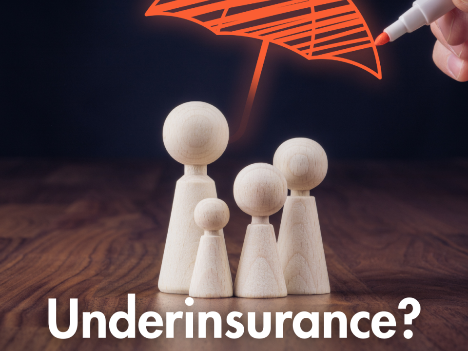 Illustration of a family under an umbrella symbol representing underinsurance protection.